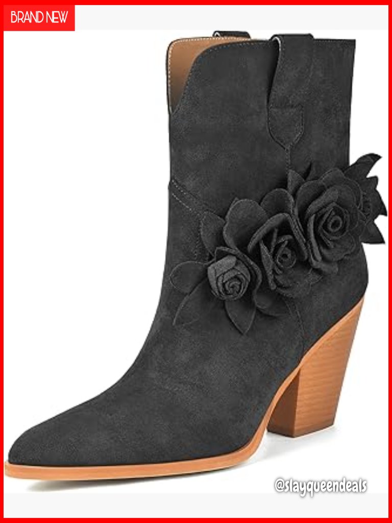 Pointed Toe Ankle Boots With 3.5 Inch Chunky Block Heel And Suede Flower